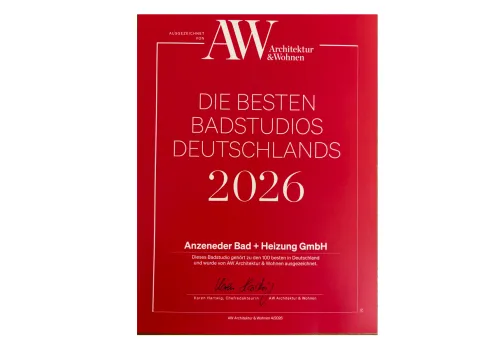 Zertifikat Beste Badstudios herausgegeben von AW Architektur und Wohnen.