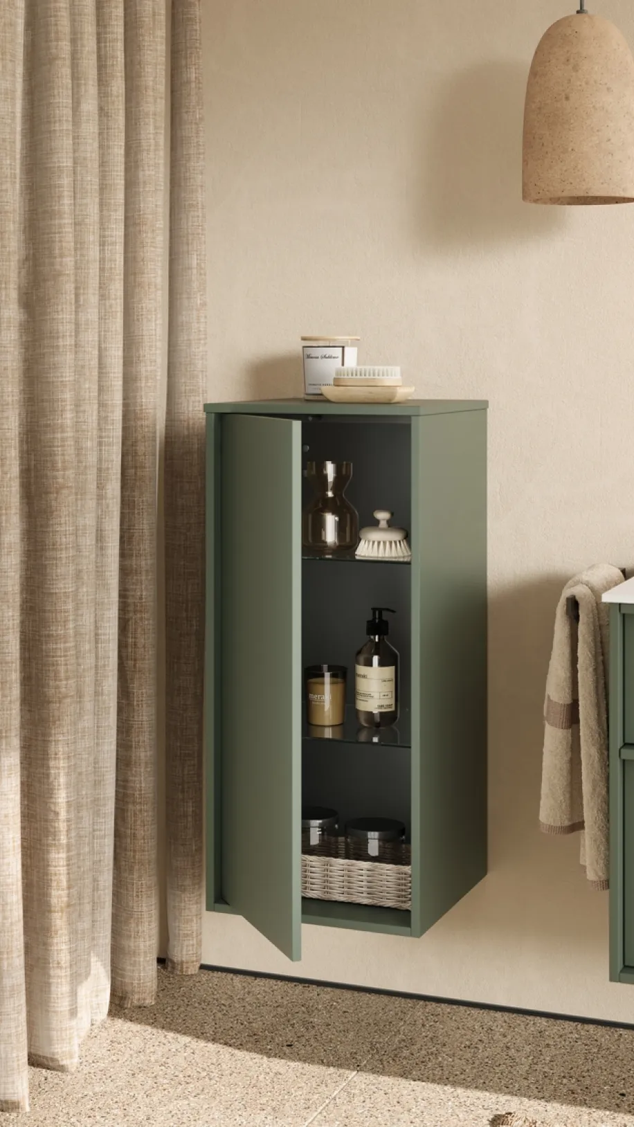 Kleiner Badschrank aus der Kollektion Uomo des Herstellers burgbad in der Farbe Rauchgrün matt.