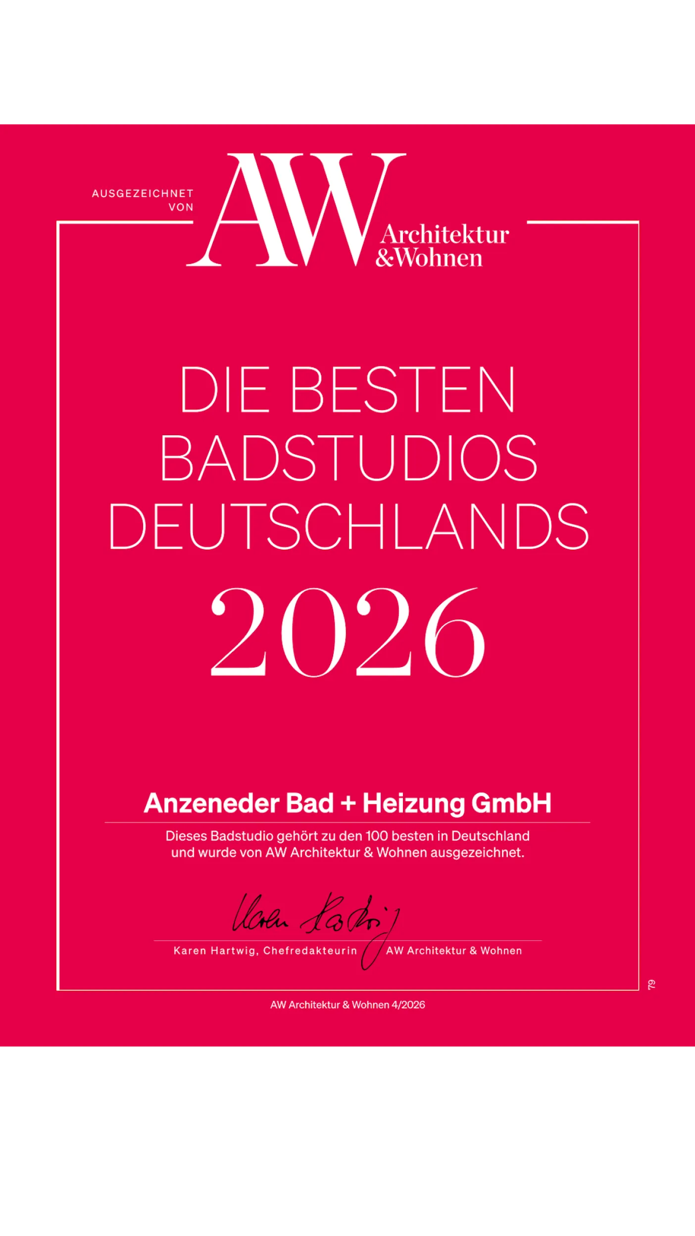 Zertifikat Beste Badstudios Deutschlands herausgegeben von Architektur und Wohnen.