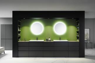 Modular aufgebaute Möbelzeile mit Waschtisch der Kollektion Lin20 von burgbad