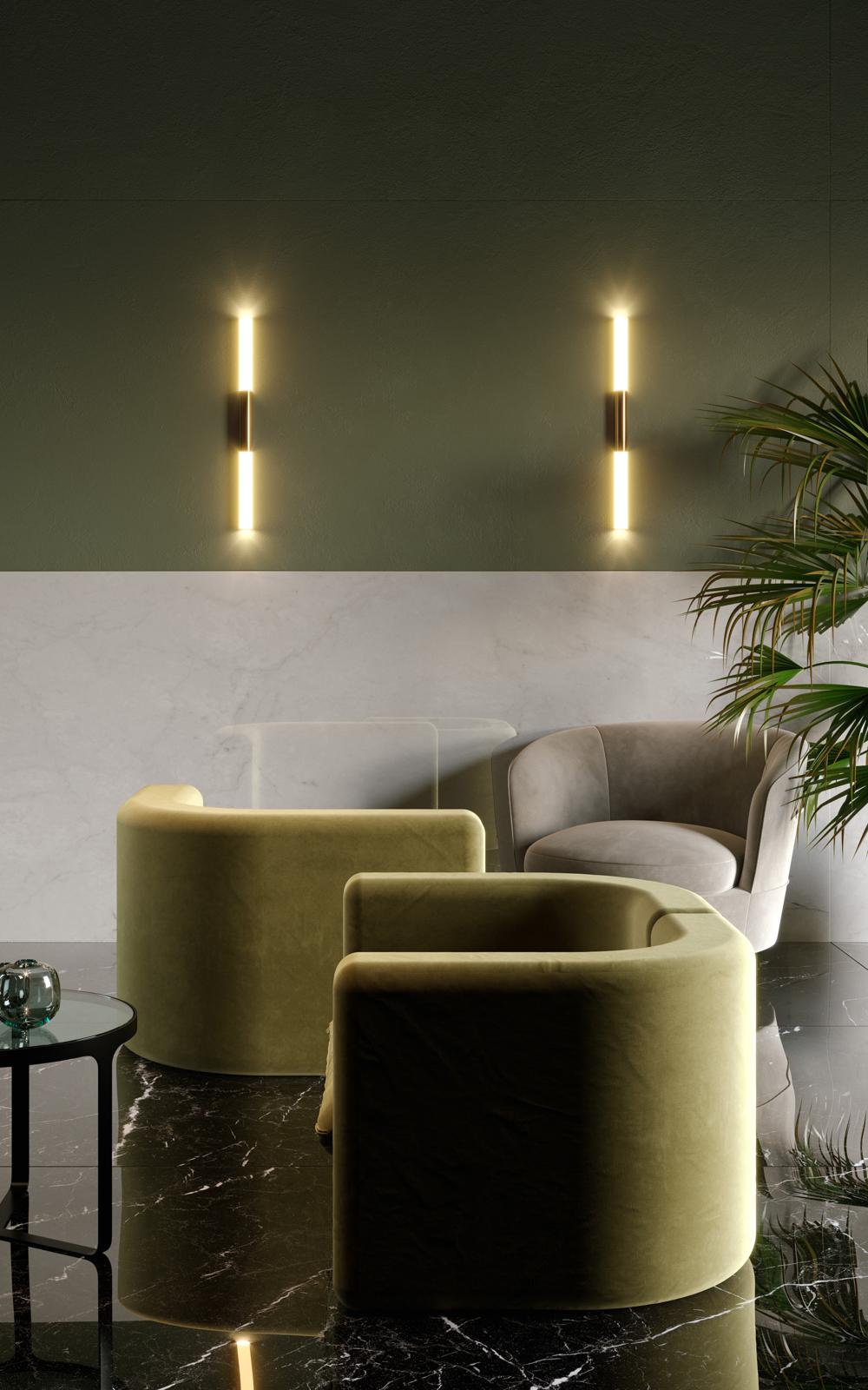 Sessel im Empfangsbereich mit großen Marmorfliesen von Marazzi